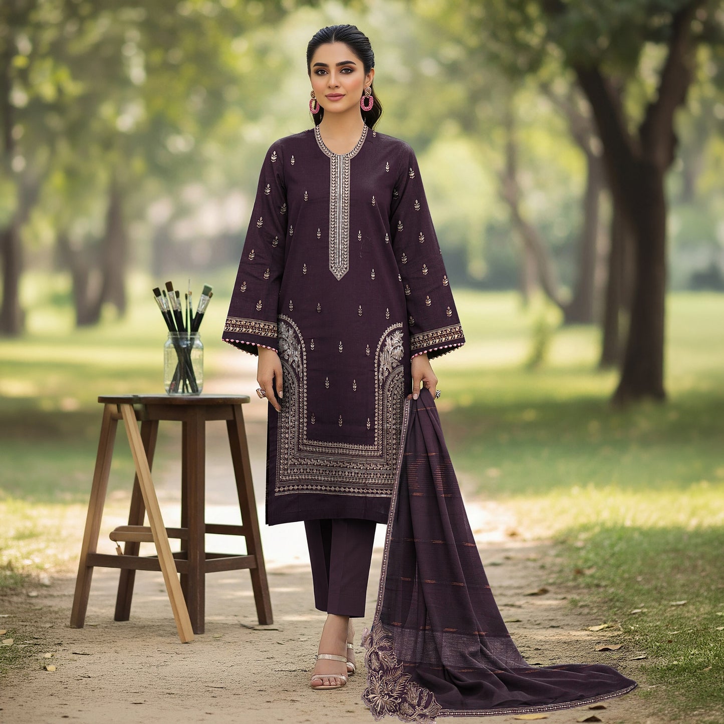 AJ Lawn with Fancy Cutwork Lawn Dupatta